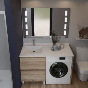 Meuble lave-linge IDEA coloris bois, plan vasque déportée à gauche + Miroir Prestige