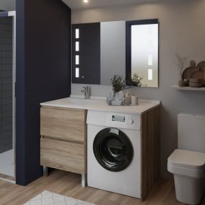 Meuble lave-linge IDEA coloris bois, plan vasque déportée à gauche + Miroir Prestige