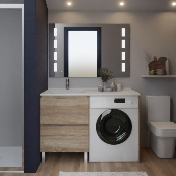 Meuble lave-linge IDEA coloris bois, plan vasque déportée à gauche + Miroir Prestige