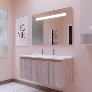 Meuble salle de bain suspendu 120 cm avec porte pivotante avec plan vasque PROLINE et miroir Elégance ht80 - Cambrian Oak Chêne