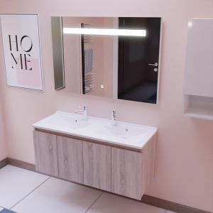 Meuble salle de bain suspendu 120 cm avec porte pivotante avec plan vasque PROLINE et miroir Elégance ht80 - Cambrian Oak Chêne