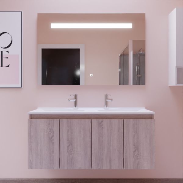 Meuble salle de bain suspendu 120 cm avec porte pivotante avec plan vasque PROLINE et miroir Elégance ht80 - Cambrian Oak Chêne