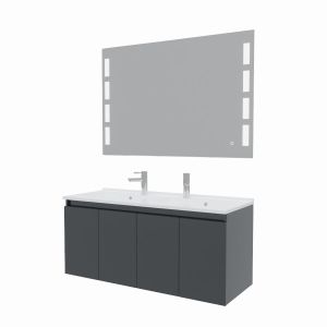 Meuble salle de bain suspendu 120 cm avec porte pivotante double vasque en résine PROLINE et miroir Prestige - Gris brillant
