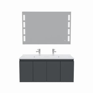 Meuble salle de bain suspendu 120 cm avec porte pivotante double vasque en résine PROLINE et miroir Prestige - Gris brillant