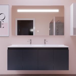 Meuble salle de bain suspendu 140 cm avec porte pivotante avec plan vasque PROLINE et miroir Elégance ht80 - Gris anthracite