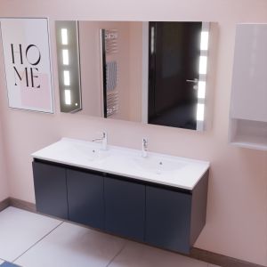 Meuble salle de bain suspendu 140 cm avec porte pivotante avec plan vasque PROLINE et miroir Prestige - Gris anthracite
