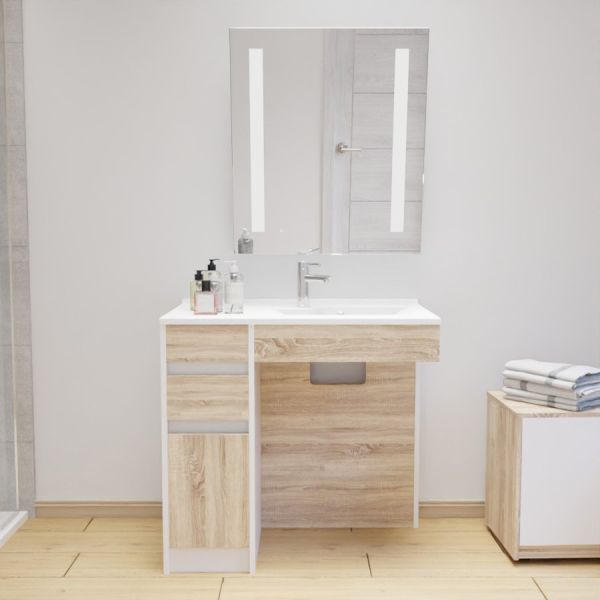 Meuble salle de bain PMR ANDY 90 cm vasque droite et miroir inclinable ROTARY 70