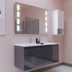 Meuble salle de bain suspendu 120 cm avec porte pivotante double vasque en résine PROLINE et miroir Prestige - Gris brillant