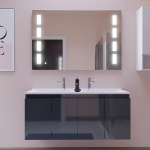 Meuble salle de bain suspendu 120 cm avec porte pivotante double vasque en résine PROLINE et miroir Prestige - Gris brillant