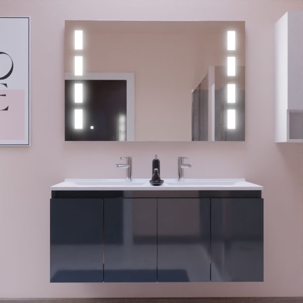 Meuble salle de bain suspendu 120 cm avec porte pivotante double vasque en résine PROLINE et miroir Prestige - Gris brillant