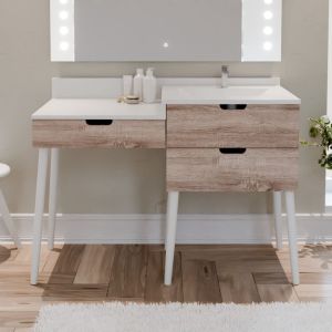 Meuble coiffeuse avec tiroirs et table maquillage salle de bain ALYA 120 cm bois et blanc avec vasque déportée à droite