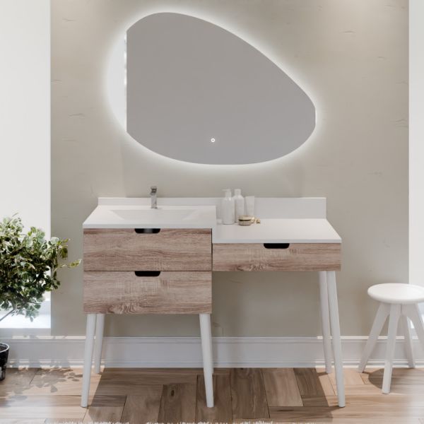Meuble coiffeuse avec tiroir de salle de bain ALYA 120 cm vasque déportée à gauche bois et blanc et miroir lumineux Drop 110 cm