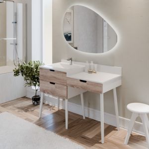 Meuble coiffeuse avec tiroir de salle de bain ALYA 120 cm vasque déportée à gauche bois et blanc et miroir lumineux Drop 110 cm