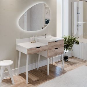 Meuble coiffeuse avec tiroir de salle de bain ALYA 120 cm vasque déportée à droite bois et blanc et miroir lumineux Drop 110 cm