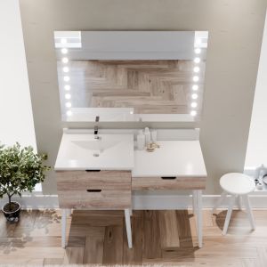 Meuble coiffeuse avec tiroir de salle de bain ALYA 120 cm vasque déportée à gauche bois et blanc et miroir lumineux Starled 120 