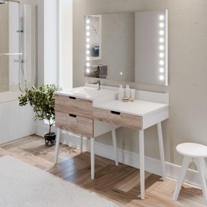 Meuble coiffeuse avec tiroir de salle de bain ALYA 120 cm vasque déportée à gauche bois et blanc et miroir lumineux Starled 120 