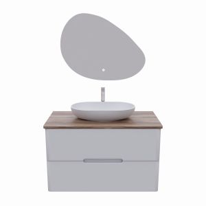 Meuble salle de bain KLASS 100 cm avec vasque à poser et Miroir LED - Blanc et Bois