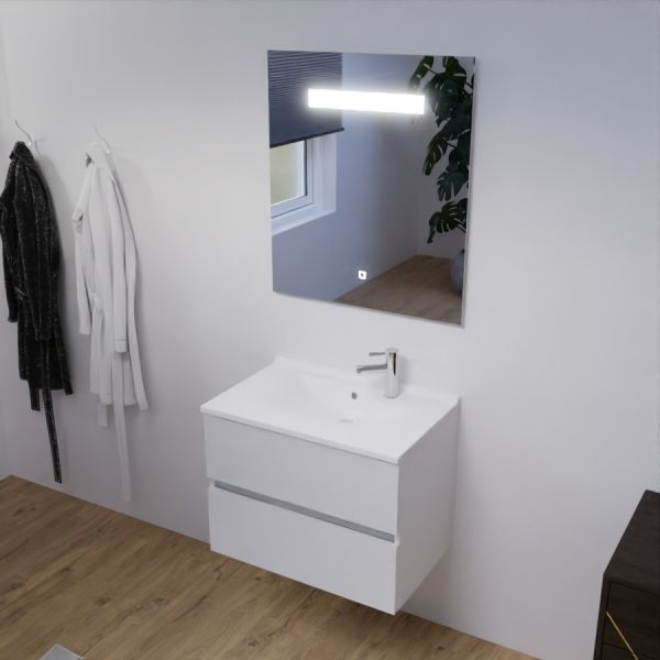 Meuble ROSALY 70 cm avec plan vasque en résine et miroir Elegance Hauteur 80 cm - Blanc brillant
