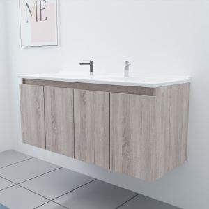 Meuble salle de bain double vasque suspendu 120 cm avec porte pivotante et plan vasque PROLINE - Cambrian Oak Chêne