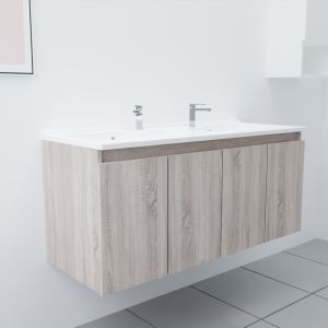 Meuble salle de bain double vasque suspendu 120 cm avec porte pivotante et plan vasque PROLINE - Cambrian Oak Chêne