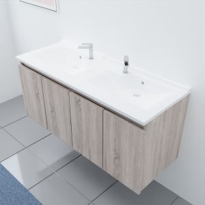 Meuble salle de bain double vasque suspendu 120 cm avec porte pivotante et plan vasque PROLINE - Cambrian Oak Chêne