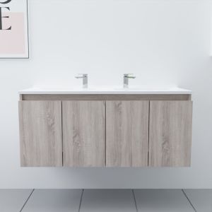 Meuble salle de bain double vasque suspendu 120 cm avec porte pivotante et plan vasque PROLINE - Cambrian Oak Chêne