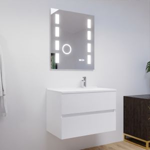 Meuble salle de bain 80 cm ROSALY avec plan vasque en résine et miroir Excellence  - Blanc brillant