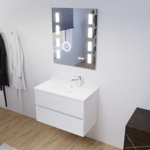 Meuble salle de bain 80 cm ROSALY avec plan vasque en résine et miroir Excellence  - Blanc brillant