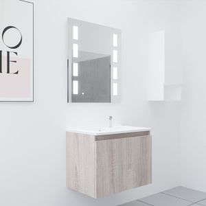 Meuble salle de bain suspendu 70 cm avec porte pivotante avec plan vasque PROLINE et miroir Prestige - Cambrian Oak aspect Chêne