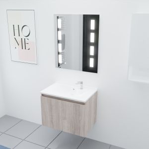 Meuble salle de bain suspendu 70 cm avec porte pivotante avec plan vasque PROLINE et miroir Prestige - Cambrian Oak aspect Chêne