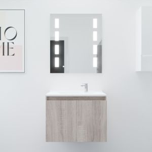 Meuble salle de bain suspendu 70 cm avec porte pivotante avec plan vasque PROLINE et miroir Prestige - Cambrian Oak aspect Chêne