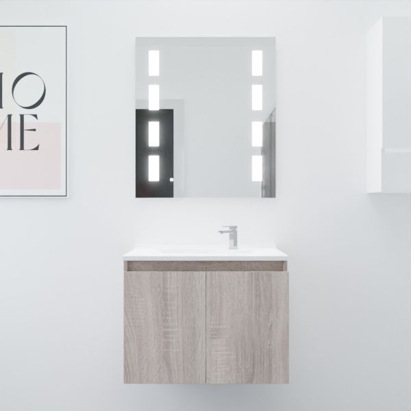 Meuble salle de bain suspendu 70 cm avec porte pivotante avec plan vasque PROLINE et miroir Prestige - Cambrian Oak aspect Chêne