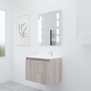 Meuble salle de bain suspendu 70 cm avec porte pivotante avec plan vasque PROLINE et miroir Prestige - Cambrian Oak aspect Chêne