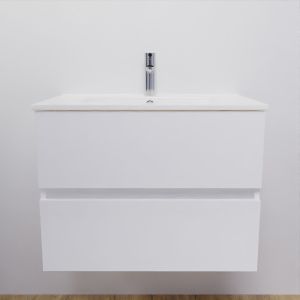 Meuble salle de bain suspendu 70 cm avec plan vasque en céramique ROSALY - Blanc brillant