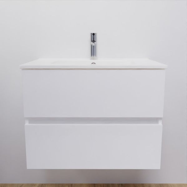 Meuble salle de bain suspendu 70 cm avec plan vasque en céramique ROSALY - Blanc brillant