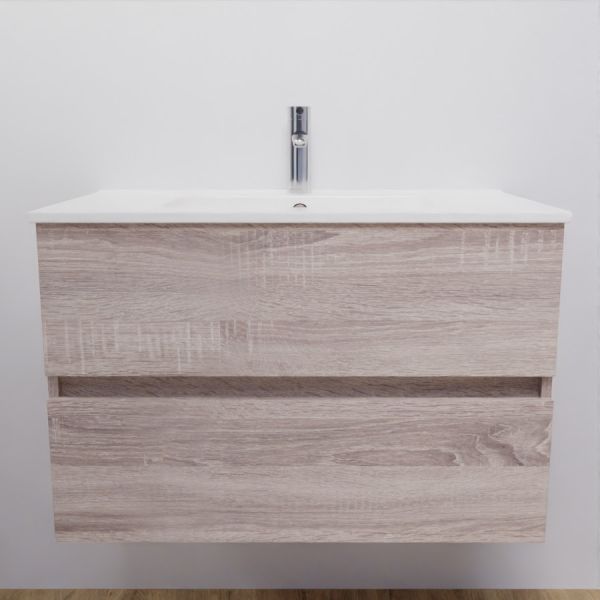 Meuble salle de bain suspendu 80 cm avec plan vasque en céramique ROSALY - Cambrian Oak aspect chêne