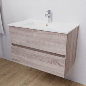 Meuble salle de bain suspendu 80 cm avec plan vasque en céramique ROSALY - Cambrian Oak aspect chêne