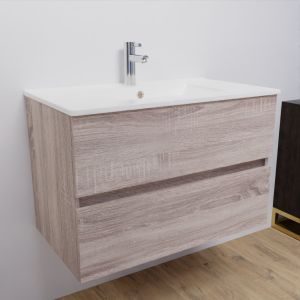 Meuble salle de bain suspendu 80 cm avec plan vasque en céramique ROSALY - Cambrian Oak aspect chêne