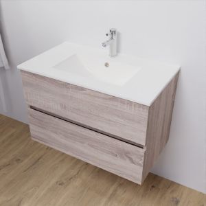 Meuble salle de bain suspendu 80 cm avec plan vasque en céramique ROSALY - Cambrian Oak aspect chêne