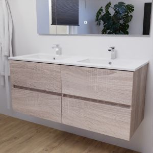 Meuble salle de bain double vasque suspendu 120 cm avec plan vasque en céramique ROSALY - Cambrian Oak aspect chêne
