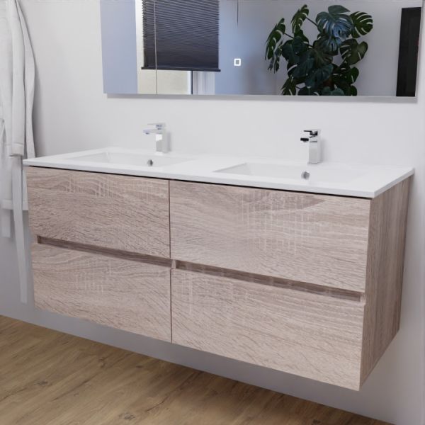 Meuble salle de bain double vasque suspendu 120 cm avec plan vasque en céramique ROSALY - Cambrian Oak aspect chêne