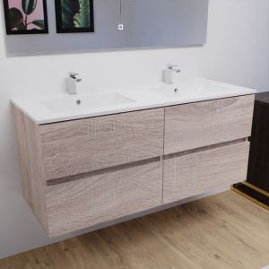 Meuble salle de bain double vasque suspendu 120 cm avec plan vasque en céramique ROSALY - Cambrian Oak aspect chêne