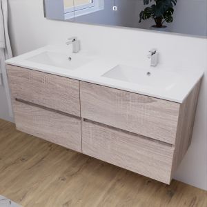 Meuble salle de bain double vasque suspendu 120 cm avec plan vasque en céramique ROSALY - Cambrian Oak aspect chêne