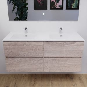 Meuble salle de bain double vasque suspendu 120 cm avec plan vasque en céramique ROSALY - Cambrian Oak aspect chêne