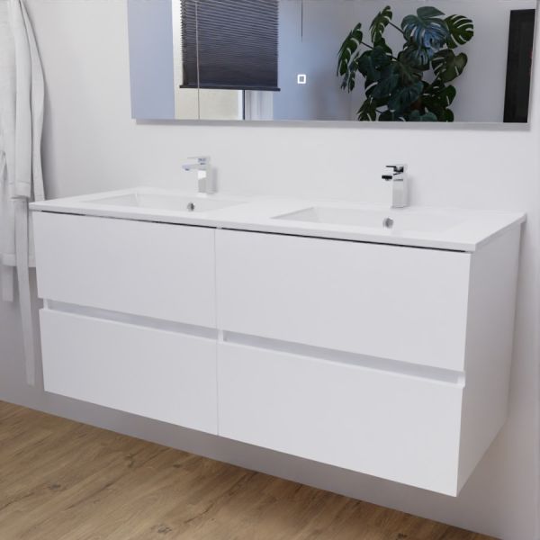 Meuble salle de bain double vasque suspendu 120 cm avec plan vasque en céramique ROSALY - Blanc brillant