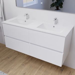 Meuble salle de bain double vasque suspendu 120 cm avec plan vasque en céramique ROSALY - Blanc brillant