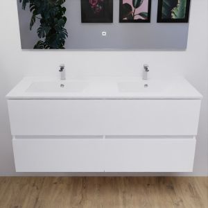 Meuble salle de bain double vasque suspendu 120 cm avec plan vasque en céramique ROSALY - Blanc brillant