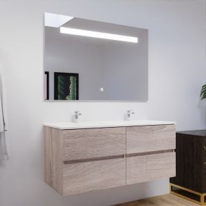 Meuble salle de bain double vasque suspendu 120 cm avec plan vasque ROSALY et miroir led Elegance h80 cm - Cambrian Oak Chêne