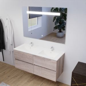 Meuble salle de bain double vasque suspendu 120 cm avec plan vasque ROSALY et miroir led Elegance h80 cm - Cambrian Oak Chêne