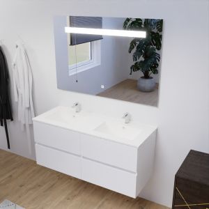 Meuble salle de bain double vasque suspendu 120 cm avec plan vasque ROSALY et miroir led Elegance h80 cm - Blanc brillant